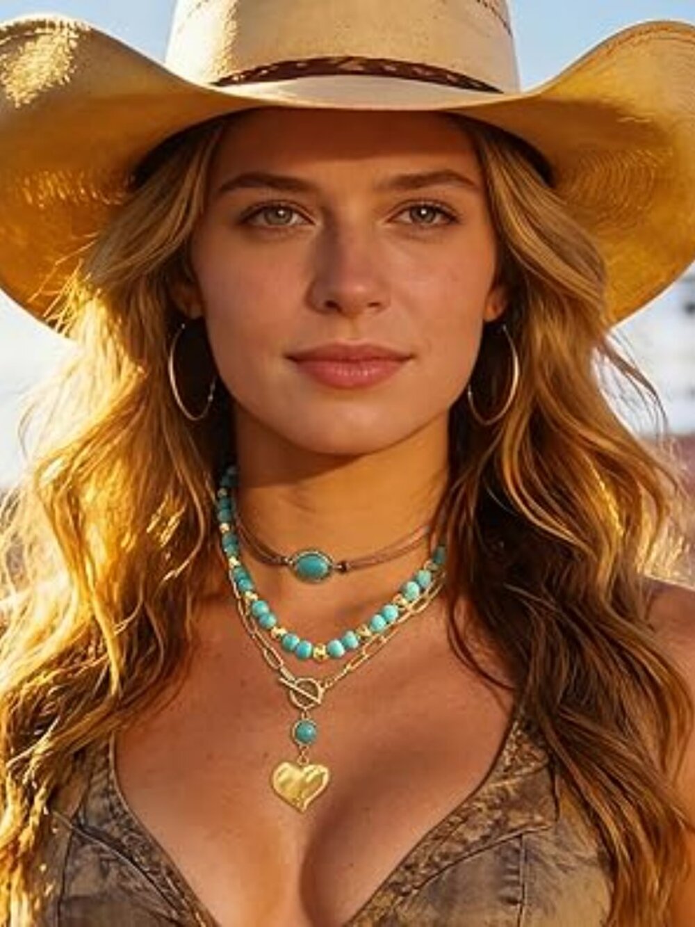 New 3 Pcs Layered Western Cowgirl Necklace Boho Turquoise Beaded w Heart Pendant